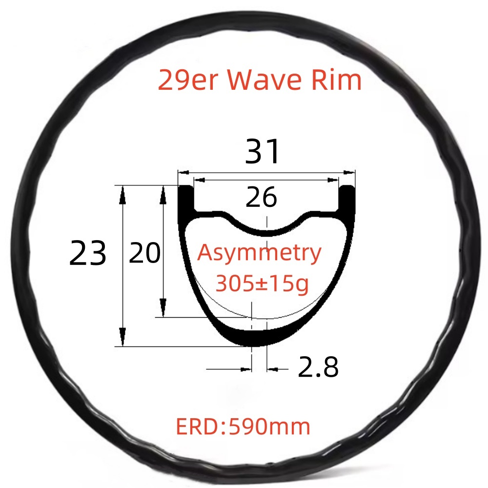 29er MTB Wave Carbon Rim 23mm Depth 31mm Width Tubeless Hookless Disc Brake 28 Hole MTB T800 Wave Carbon Rim