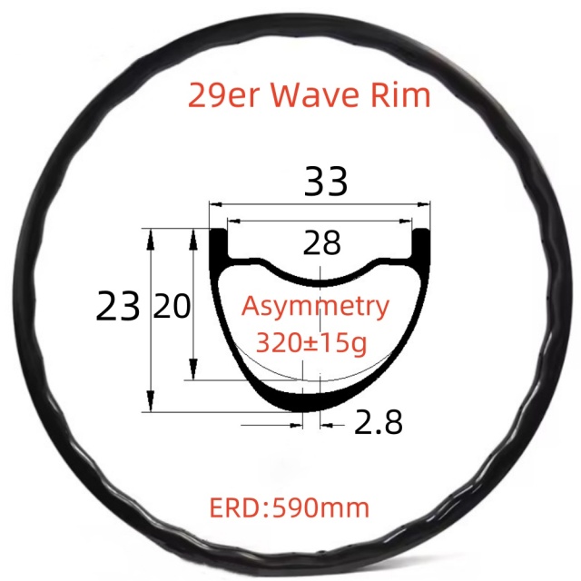 29er MTB Wave Carbon Rim 23mm Depth 33mm Width Tubeless Hookless Disc Brake 28 Hole MTB T800 Wave Carbon Rim