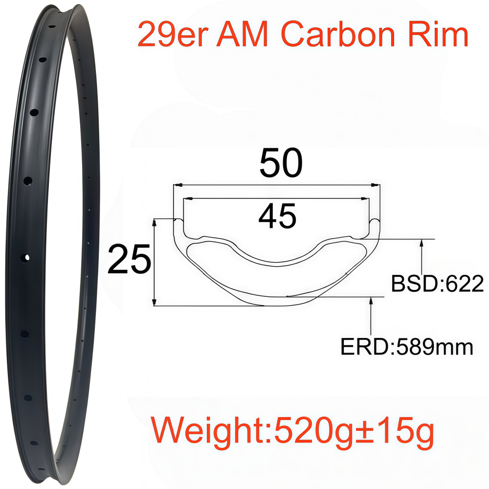 29er MTB Carbon Rim 25mm Depth 50mm Width Tubeless Hookless Disc Brake MTB T800 AM Carbon Rim