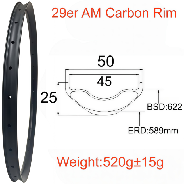 29er MTB Carbon Rim 25mm Depth 50mm Width Tubeless Hookless Disc Brake MTB T800 AM Carbon Rim