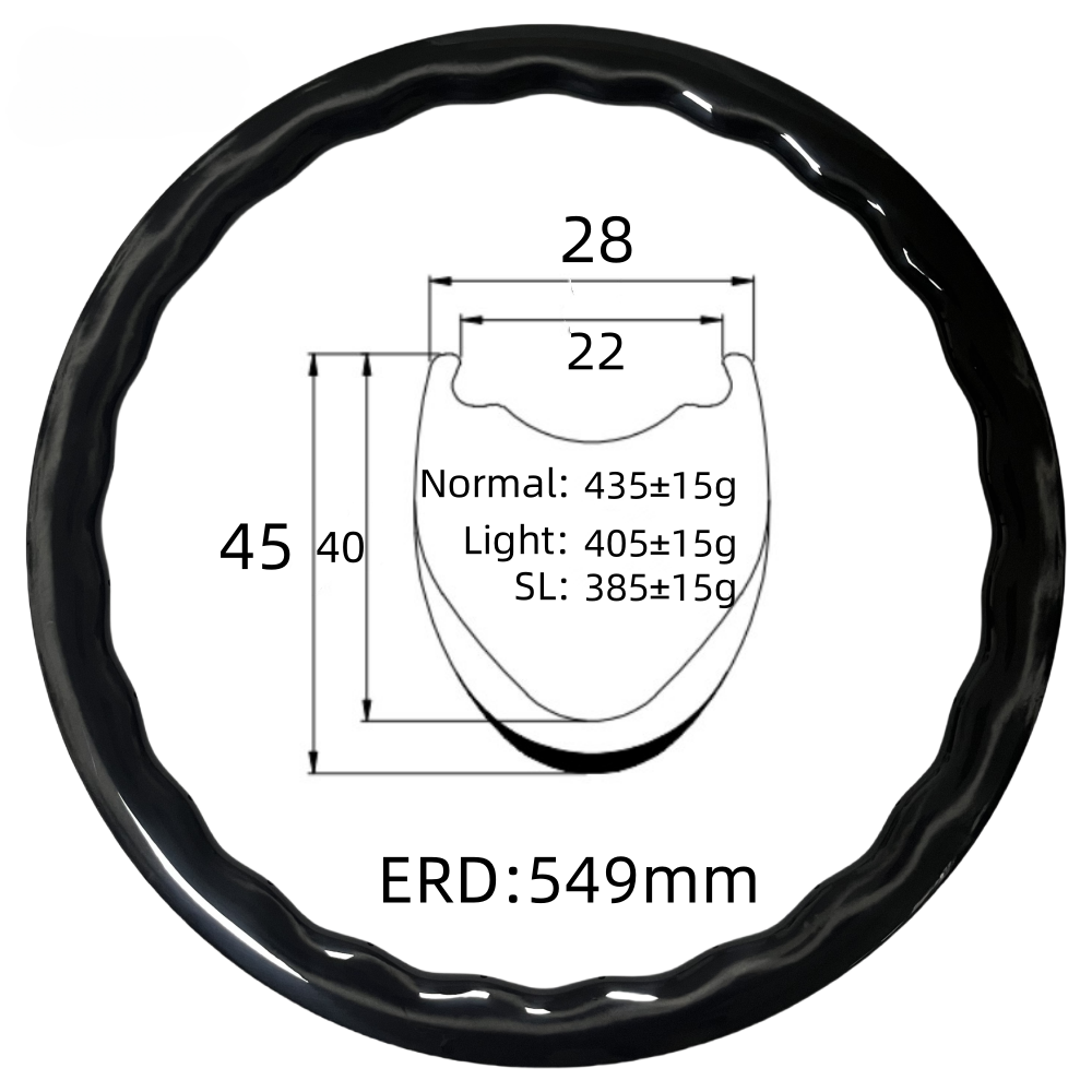 700C Road Bike Wave Carbon Rim 28mm Width 45mm Depth Tubeless 24Hole T800 Carbon Rim
