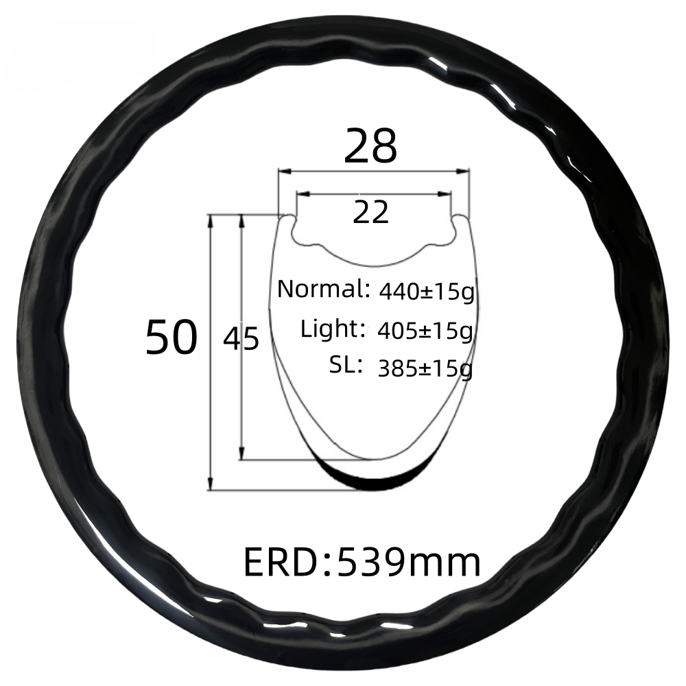 700C Road Bike Wave Carbon Rim 28mm Width 50mm Depth Tubeless 24Hole T800 Carbon Rim
