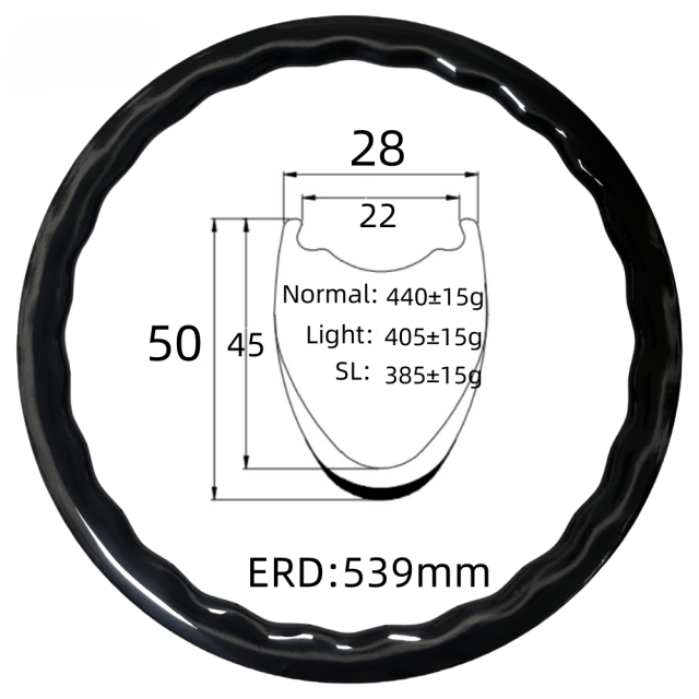 700C Road Bike Wave Carbon Rim 28mm Width 50mm Depth Tubeless 24Hole T800 Carbon Rim