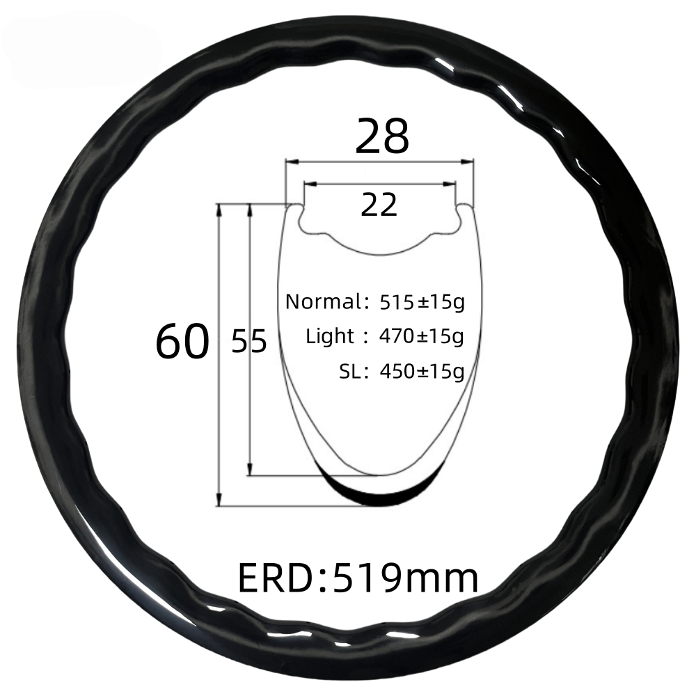 700C Road Bike Wave Carbon Rim 28mm Width 60mm Depth Tubeless 24Hole T800 Carbon Rim