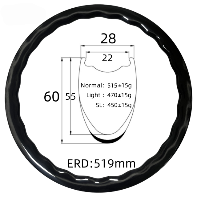 700C Road Bike Wave Carbon Rim 28mm Width 60mm Depth Tubeless 24Hole T800 Carbon Rim