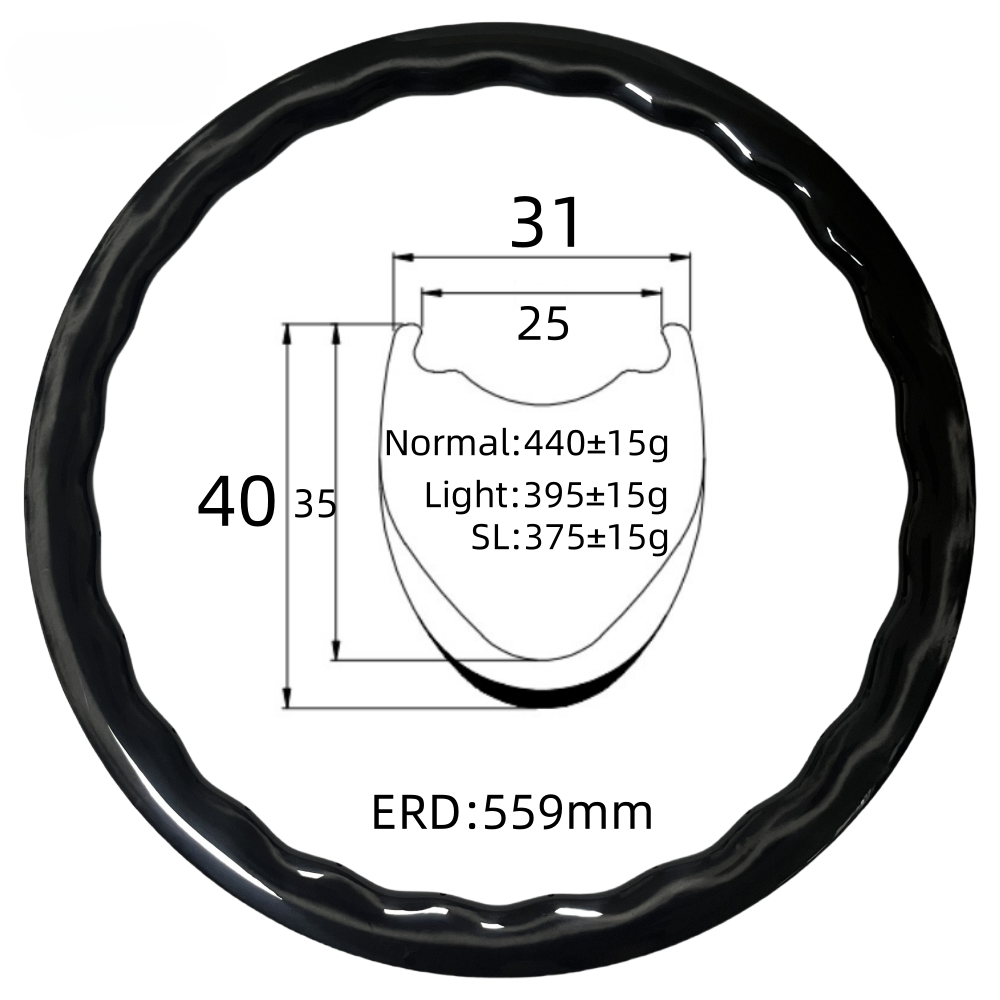 700C Road Bike Wave Carbon Rim 31mm Width 40mm Depth Tubeless 24Hole T800 Carbon Rim