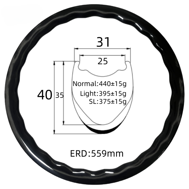 700C Road Bike Wave Carbon Rim 31mm Width 40mm Depth Tubeless 24Hole T800 Carbon Rim
