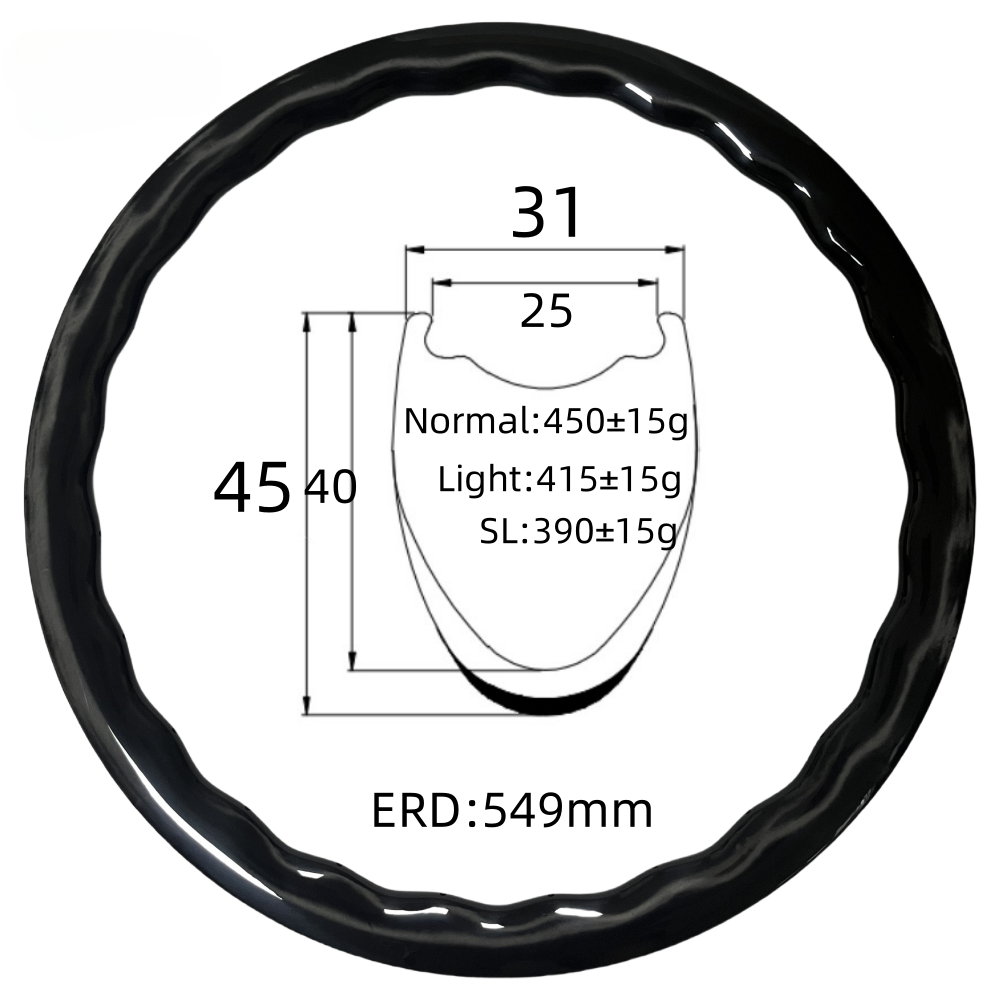 700C Road Bike Wave Carbon Rim 31mm Width 45mm Depth Tubeless 24Hole T800 Carbon Rim