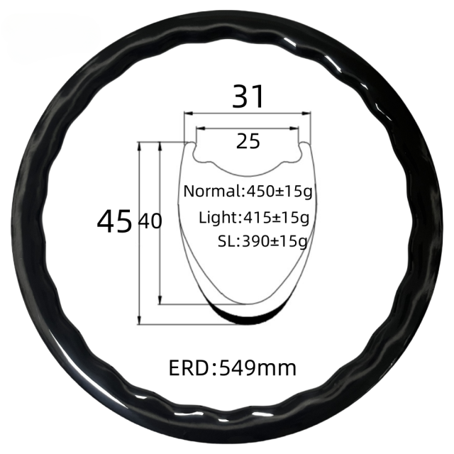 700C Road Bike Wave Carbon Rim 31mm Width 45mm Depth Tubeless 24Hole T800 Carbon Rim