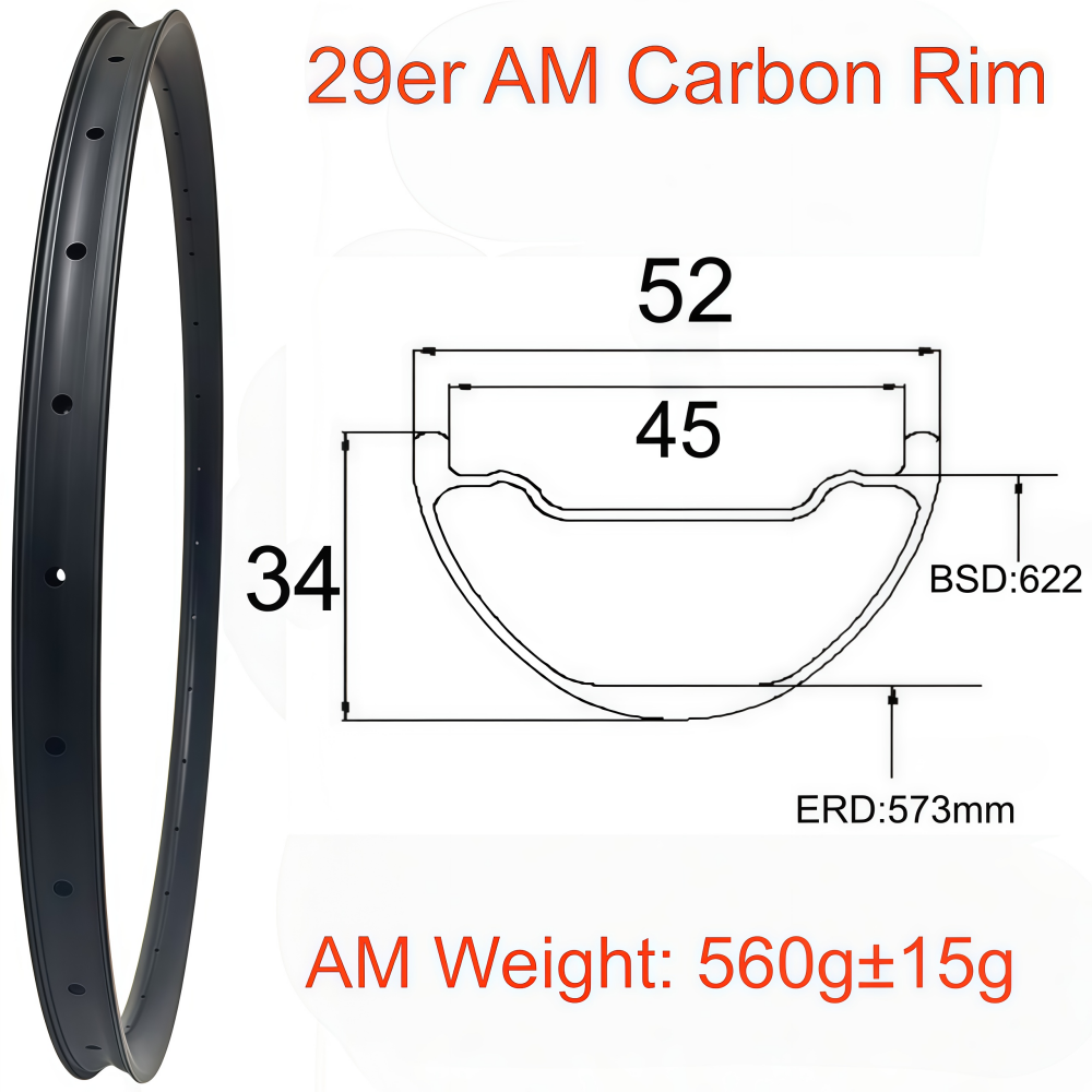 29er MTB Carbon Rim 34mm Depth 52mm Width Tubeless Hookless Disc Brake MTB T800 AM Carbon Rim