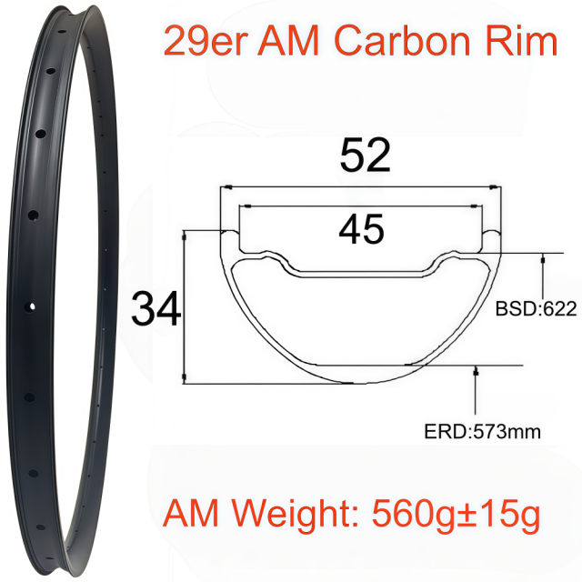 29er MTB Carbon Rim 34mm Depth 52mm Width Tubeless Hookless Disc Brake MTB T800 AM Carbon Rim