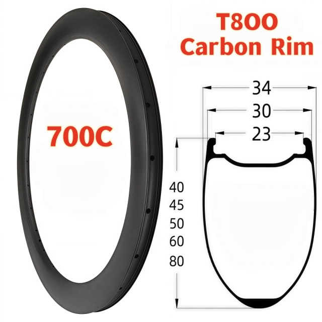 700C Road Bike Carbon Rim 34mm Width 45mm Depth Super Light Tubeless Disc Brake T800 Carbon Rim