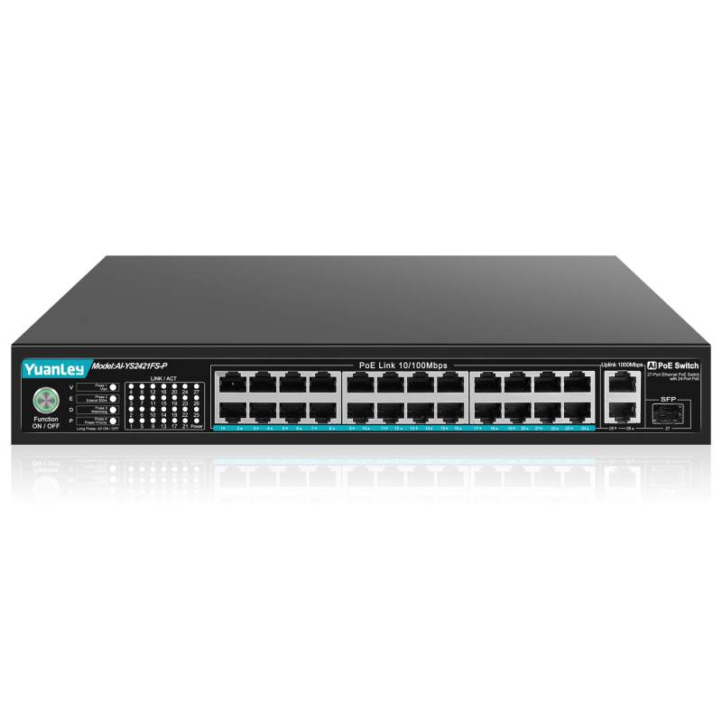 YuanLey 24 Port PoE Switch with 2 Gigabit Ethernet Uplink, 1 SFP Port, 300W PoE+ Port Support 802.3af/at, Unmanaged Network Switch with AI Watchdog, VLAN, Extend to 300m, Fanless and Silent Operation