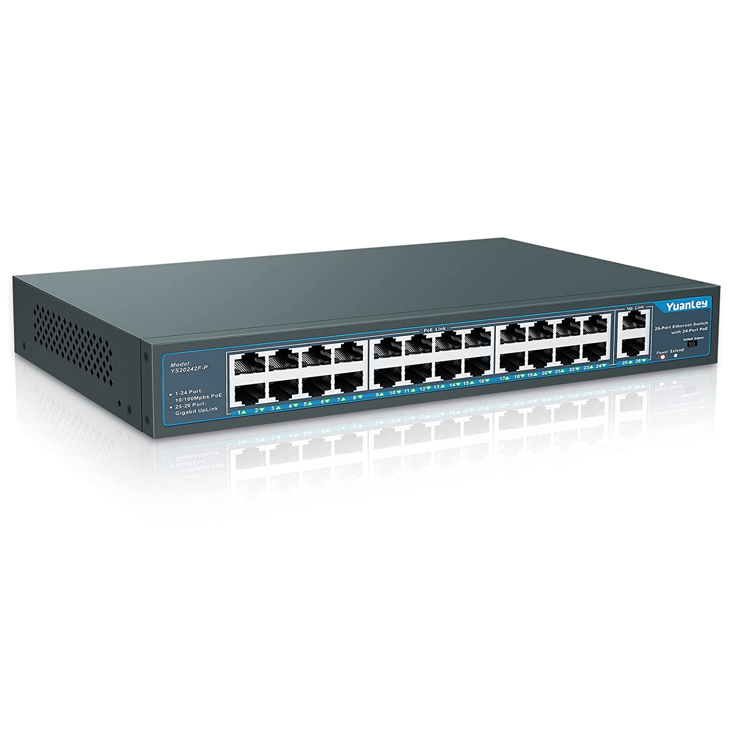 26 Port PoE Switch, 24 Port 10/100Mbps PoE+ Network Switch, Ethernet Switch  Unmanaged with 2