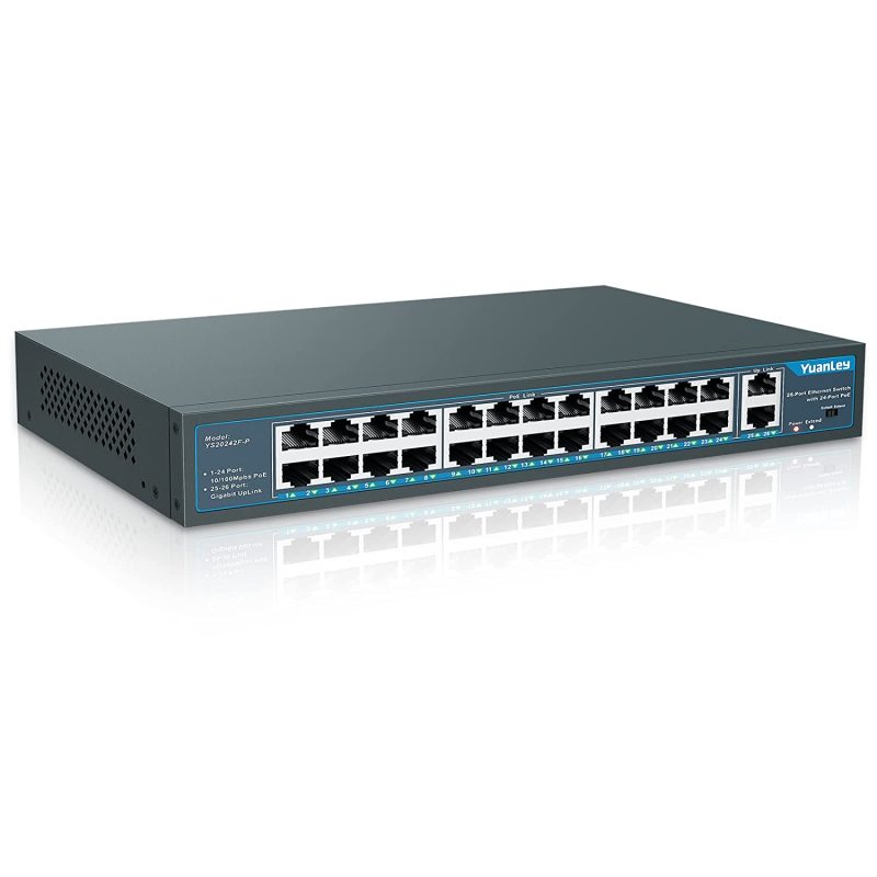 Yuanley 24 Port Poe Switch with 2 Gigabit Ethernet Uplink Port, Unmanaged 26 Port 802.3af/at 400W Power PoE+ Network Switch, Rackmount Plug and Play