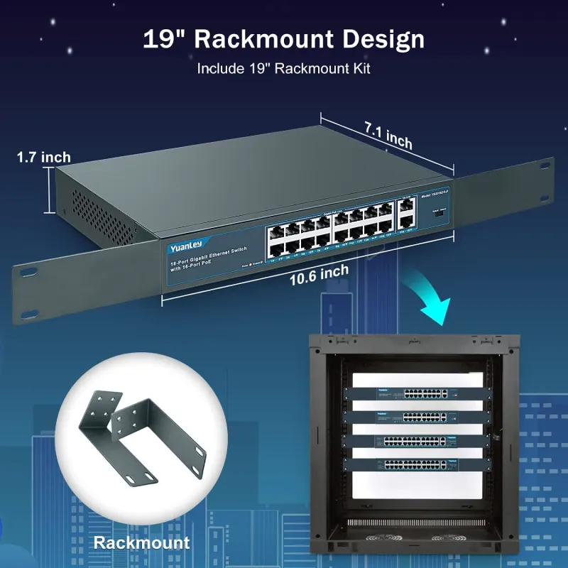 YuanLey 16 Port Gigabit PoE Switch with 2 Gigabit Uplink, 16 PoE+ Port 1000Mbps, 250W 802.3af/at, Metal Desktop/Rackmount, Unmanaged Plug and Play Network Switch