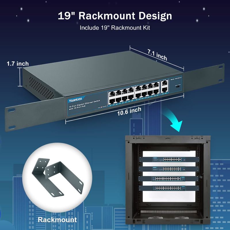 YuanLey 16 Port Gigabit PoE Switch with 2 Gigabit Uplink, 16 PoE+ Port 1000Mbps, 250W 802.3af/at, Metal Desktop/Rackmount, Unmanaged Plug and Play Network Switch