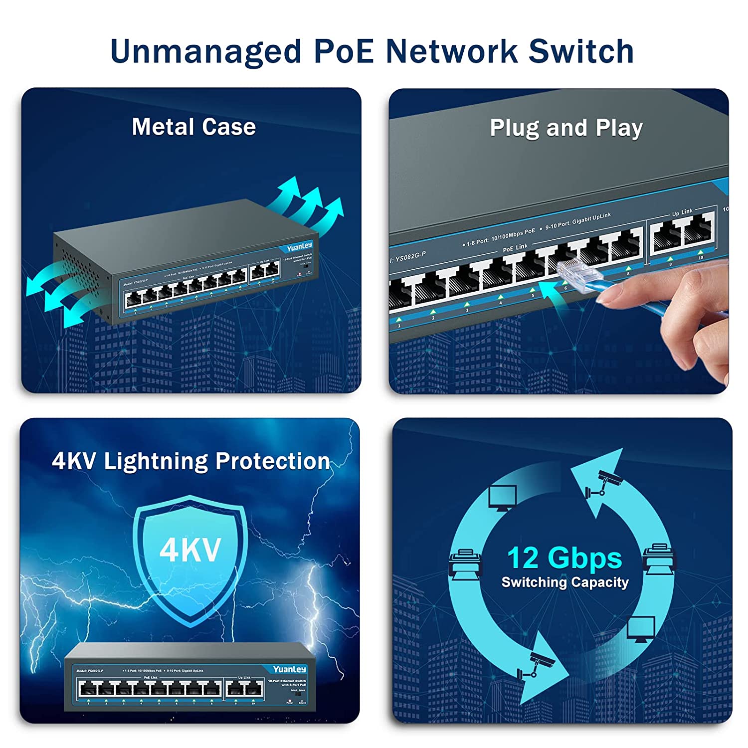 YuanLey 8 Port PoE Switch with 2 Gigabit Uplink, 8 PoE+ Port 100Mbps
