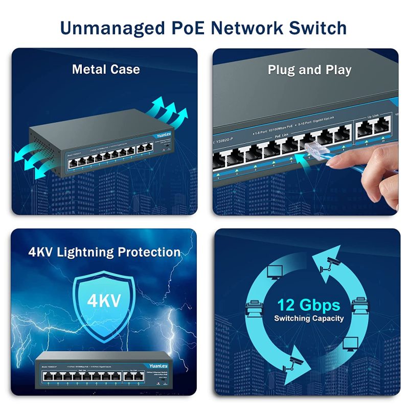 YuanLey 8 Port PoE Switch with 2 Gigabit Uplink, 8 PoE+ Port 100Mbps, 120W 802.3af/at, Extend Function, Metal, Fanless, Unmanaged Plug and Play Network Switch