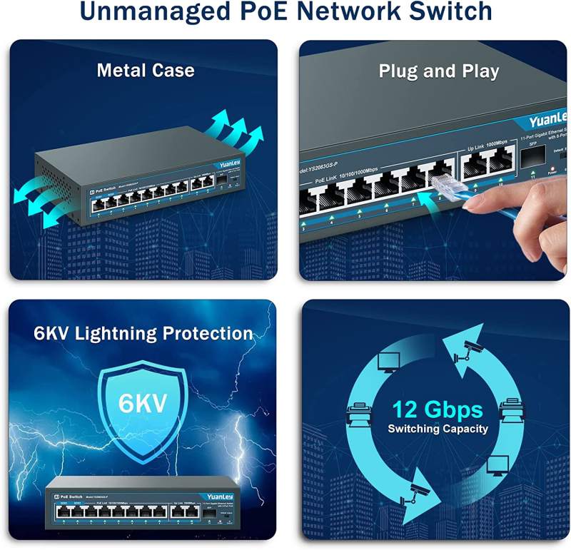 YuanLey 8 Port Gigabit PoE Switch with 2 Gigabit Uplink, 8 PoE+ Port 1000Mbps, 1 SFP Port, 120W 802.3af/at, Metal, Qos, Unmanaged Plug and Play AI Smart Detection Ethernet Switch