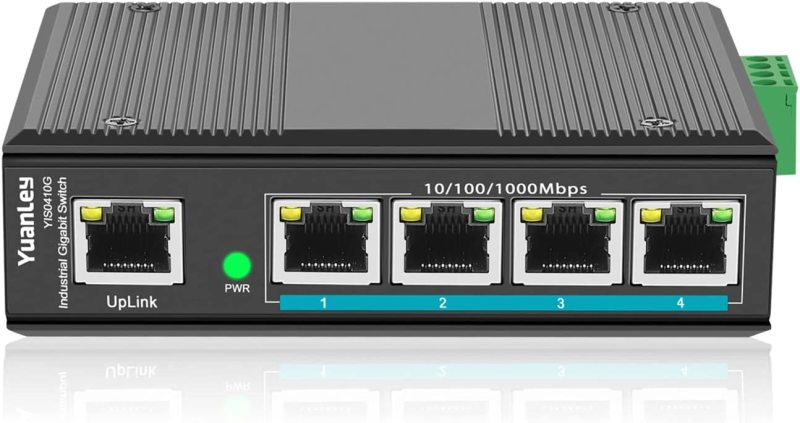 YuanLey 5 Port Gigabit Industrial DIN-Rail Ethernet Switch, 5 x Gigabit Ethernet Ports, IP40 Rated, Unmanaged Network Switch (-40 to 176°F), Lifetime Protection, Metal Case