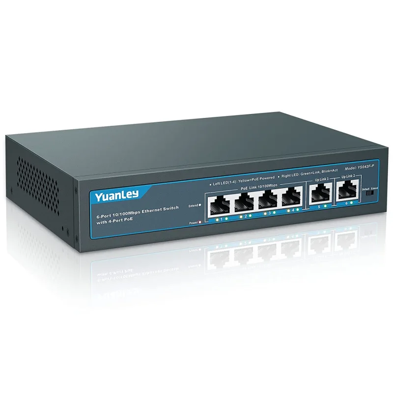 YuanLey 4 Port PoE Switch with 2 Ethernet Uplink, 4 Port PoE+ 100Mbps, 78W 802.3af/at, Extend Function, Metal, Desktop, Unmanaged Plug and Play