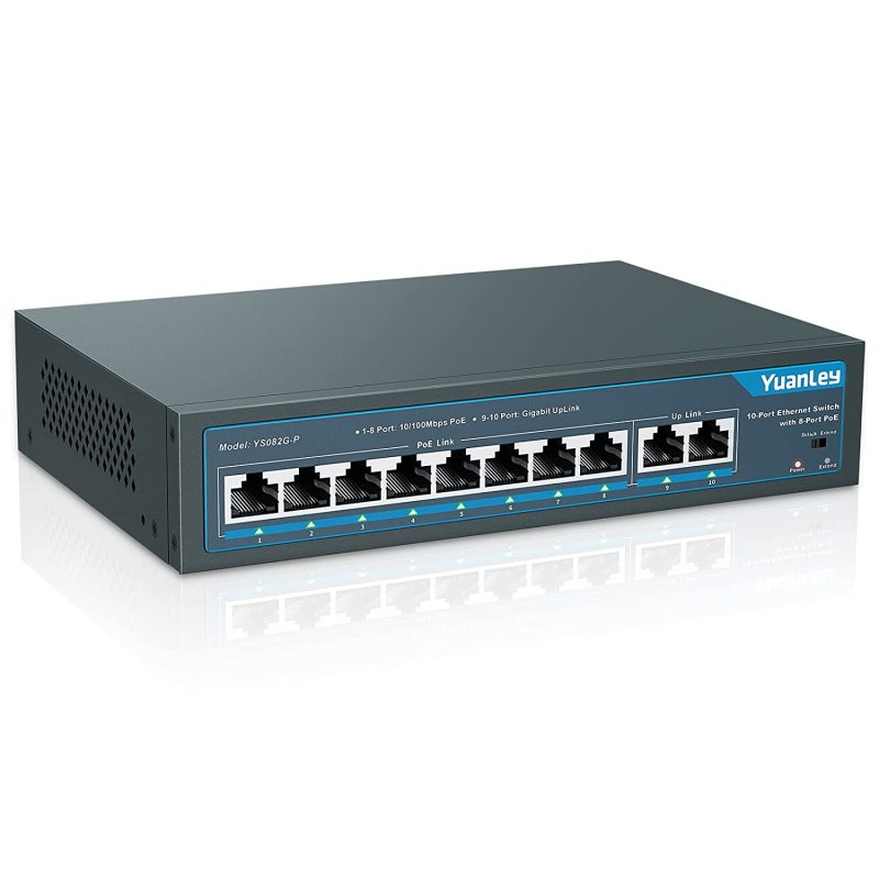 YuanLey 8 Port PoE Switch with 2 Gigabit Uplink, 8 PoE+ Port 100Mbps, 120W 802.3af/at, Extend Function, Metal, Fanless, Unmanaged Plug and Play Network Switch