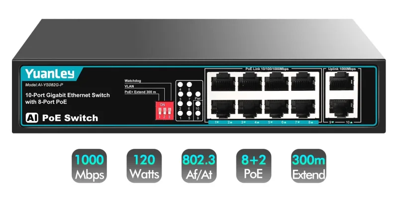 YuanLey 8 Port PoE Switch with 2 Gigabit Uplink, 8 PoE+ Port 1000Mbps Network Switch, 802.3af/at Compliant, Durable Metal with 120W Built-in Power, Unmanaged Plug and Play