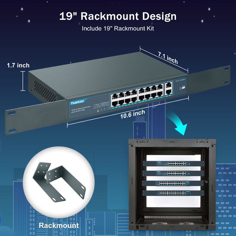 YuanLey 16 Port PoE Switch with 2 Gigabit Uplink, 16 PoE+ Port 10/100Mbps Network Switch, 802.3af/at Compliant, Durable Metal with 250W High Power, Unmanaged Plug and Play