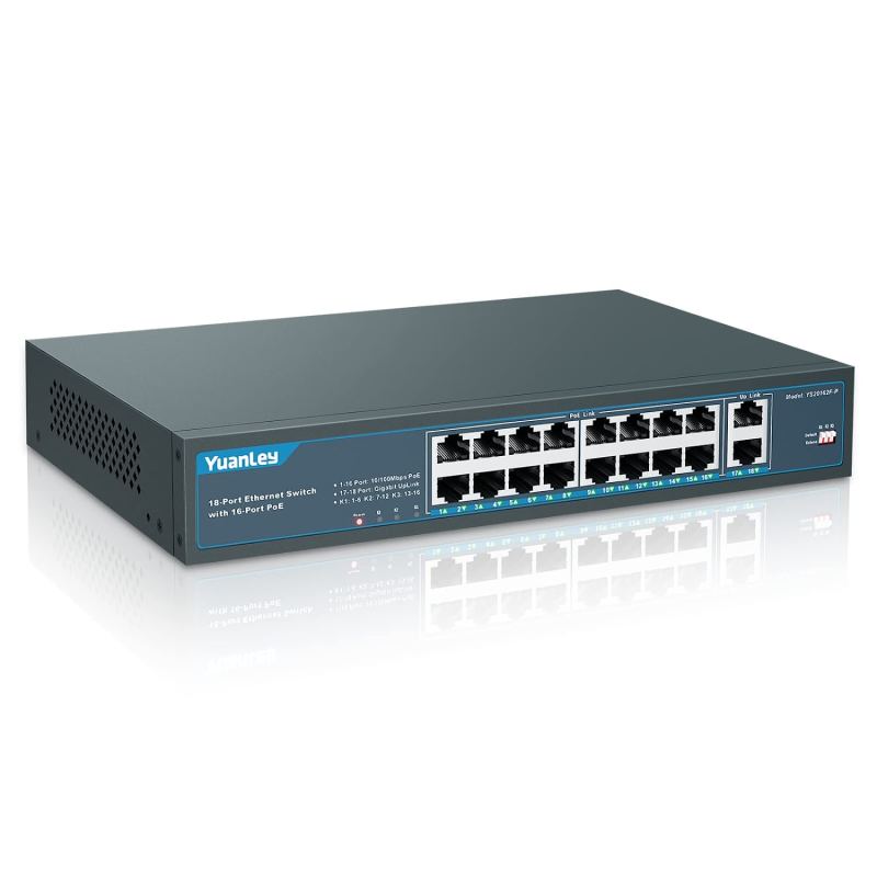 YuanLey 16 Port PoE Switch with 2 Gigabit Uplink, 16 PoE+ Port 10/100Mbps Network Switch, 802.3af/at Compliant, Durable Metal with 250W High Power, Unmanaged Plug and Play