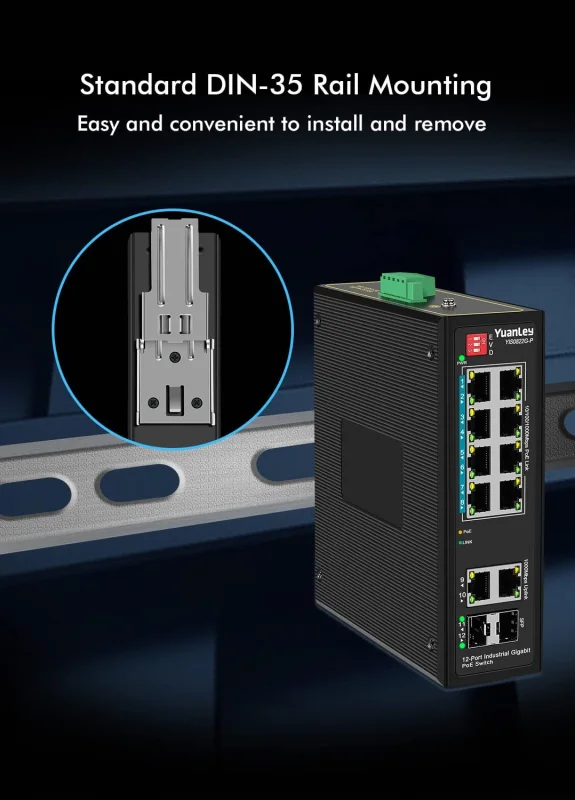 YuanLey 8-Port Industrial Gigabit PoE DIN-Rail Switch, 8 x Gigabit PoE+ Ports, 2 x 1000M SFP, 2 x 1000M Uplink Ports, IEEE802.3af/at 240W, Unmanaged, 24 Gbps Switching Capacity, IP40