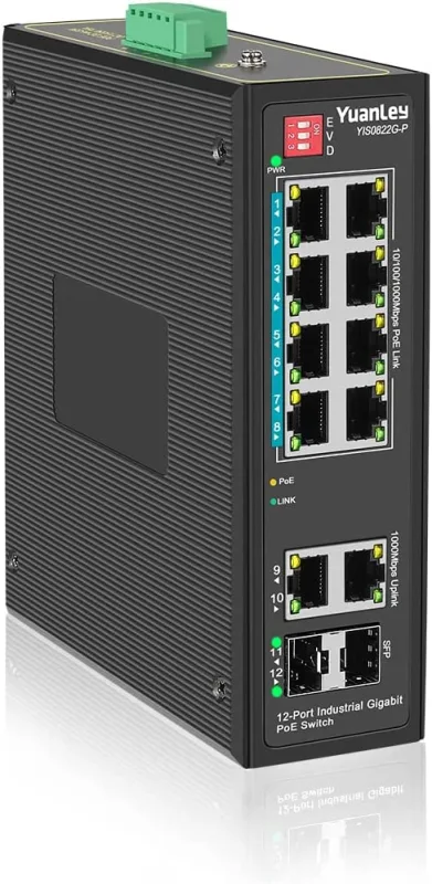 YuanLey 8-Port Industrial Gigabit PoE DIN-Rail Switch, 8 x Gigabit PoE+ Ports, 2 x 1000M SFP, 2 x 1000M Uplink Ports, IEEE802.3af/at 240W, Unmanaged, 24 Gbps Switching Capacity, IP40