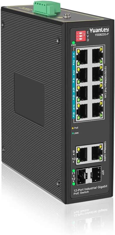 YuanLey 8-Port Industrial Gigabit PoE DIN-Rail Switch, 8 x Gigabit PoE+ Ports, 2 x 1000M SFP, 2 x 1000M Uplink Ports, IEEE802.3af/at 240W, Unmanaged, 24 Gbps Switching Capacity, IP40