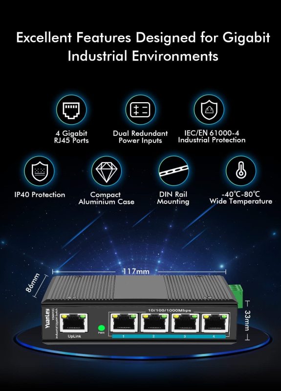 YuanLey 5 Port Gigabit Industrial DIN-Rail Ethernet Switch, 5 x Gigabit Ethernet Ports, IP40 Rated, Unmanaged Network Switch (-40 to 176°F), Lifetime Protection, Metal Case