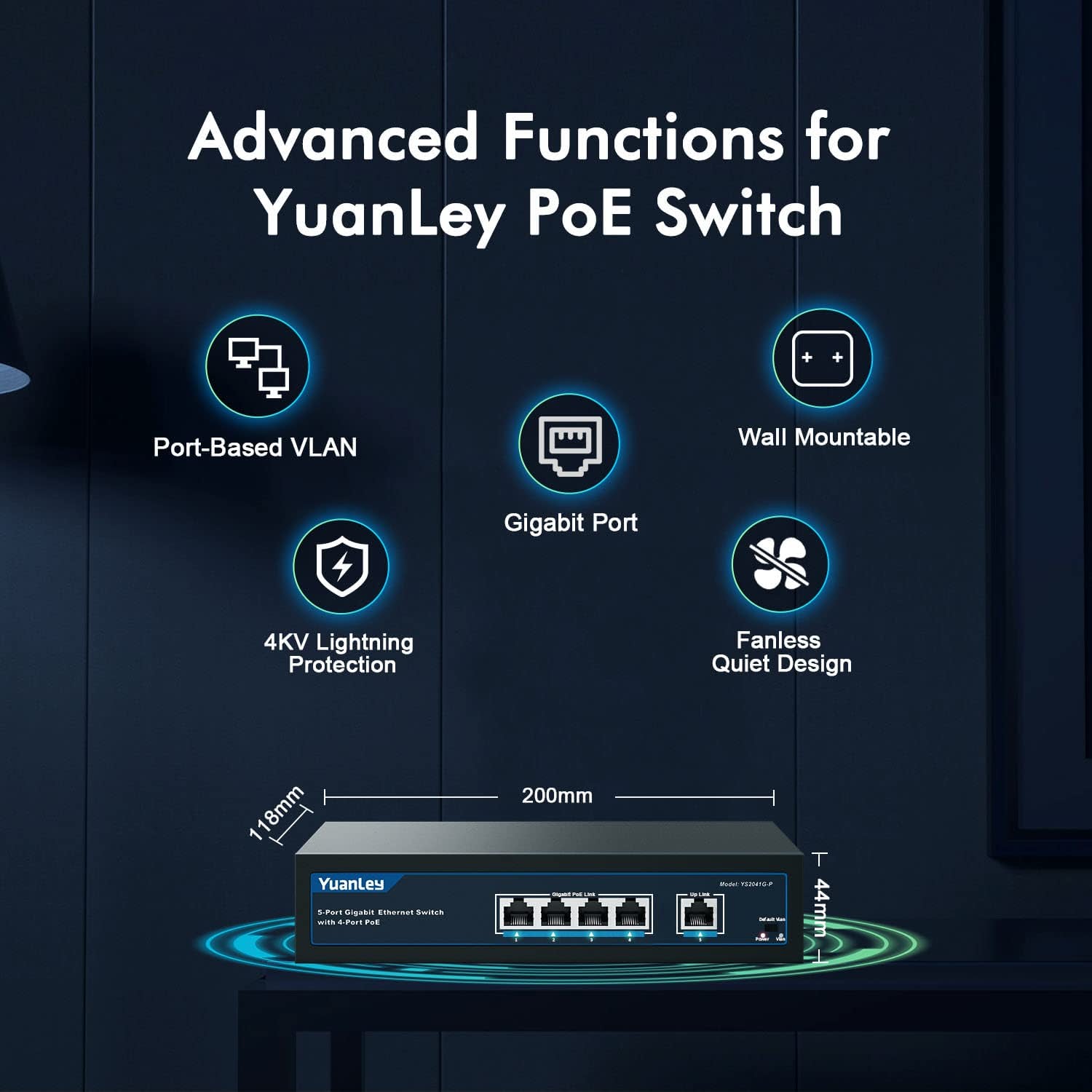 YuanLey 5 Port Gigabit PoE Switch with 4 Port PoE+ 1000Mbps, 802.3af/at 78W  Built-in Power, Fanless Metal Unmanaged Plug & Play