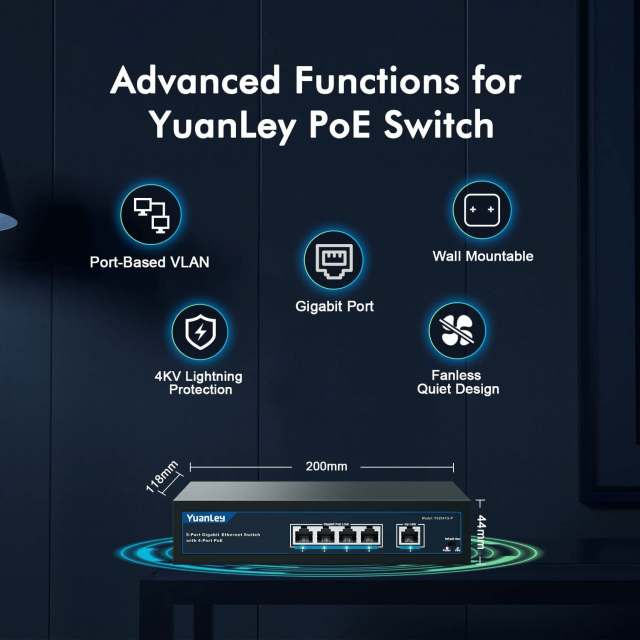 YuanLey 5 Port Gigabit PoE Switch with 4 Port PoE+ 1000Mbps, 802.3af/at 78W Built-in Power, Fanless Metal Unmanaged Plug &amp; Play
