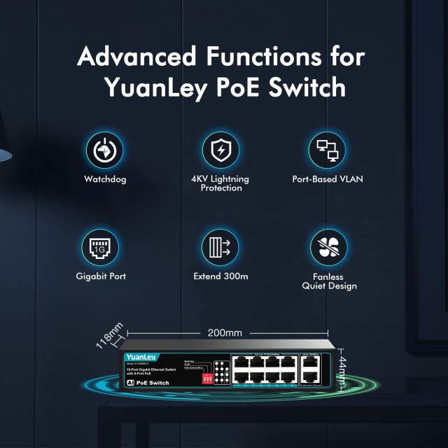 YuanLey 8 Port PoE Switch with 2 Gigabit Uplink, 8 PoE+ Port 1000Mbps Network Switch, 802.3af/at Compliant, Durable Metal with 120W Built-in Power, Unmanaged Plug and Play