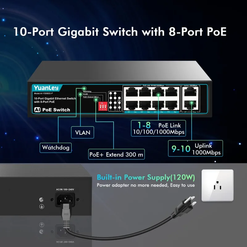 YuanLey 8 Port PoE Switch with 2 Gigabit Uplink, 8 PoE+ Port 1000Mbps Network Switch, 802.3af/at Compliant, Durable Metal with 120W Built-in Power, Unmanaged Plug and Play