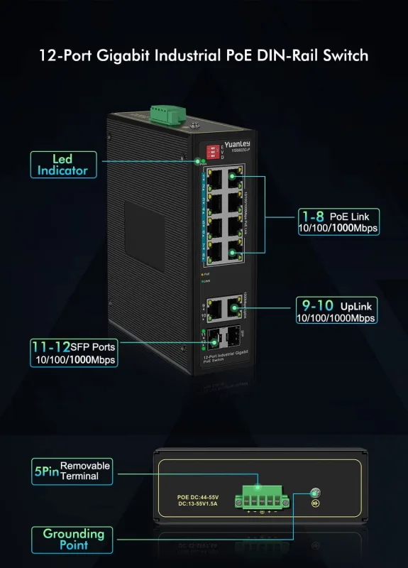 YuanLey 8-Port Industrial Gigabit PoE DIN-Rail Switch, 8 x Gigabit PoE+ Ports, 2 x 1000M SFP, 2 x 1000M Uplink Ports, IEEE802.3af/at 240W, Unmanaged, 24 Gbps Switching Capacity, IP40