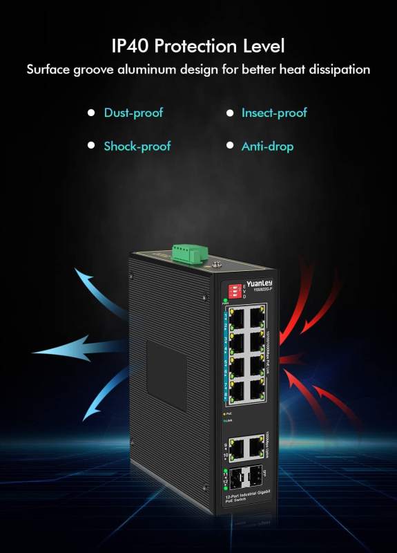 YuanLey 8-Port Industrial Gigabit PoE DIN-Rail Switch, 8 x Gigabit PoE+ Ports, 2 x 1000M SFP, 2 x 1000M Uplink Ports, IEEE802.3af/at 240W, Unmanaged, 24 Gbps Switching Capacity, IP40