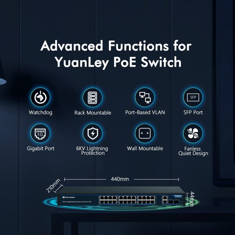 24 Port Gigabit Ethernet PoE Switch with 2 Uplink Gigabit Port &amp; 2 SFP Port, YuanLey Unmanaged 24 Port PoE+ Network Switch, Rackmout, Build in 400W Power, Support 802.3af/at, Plug and Play