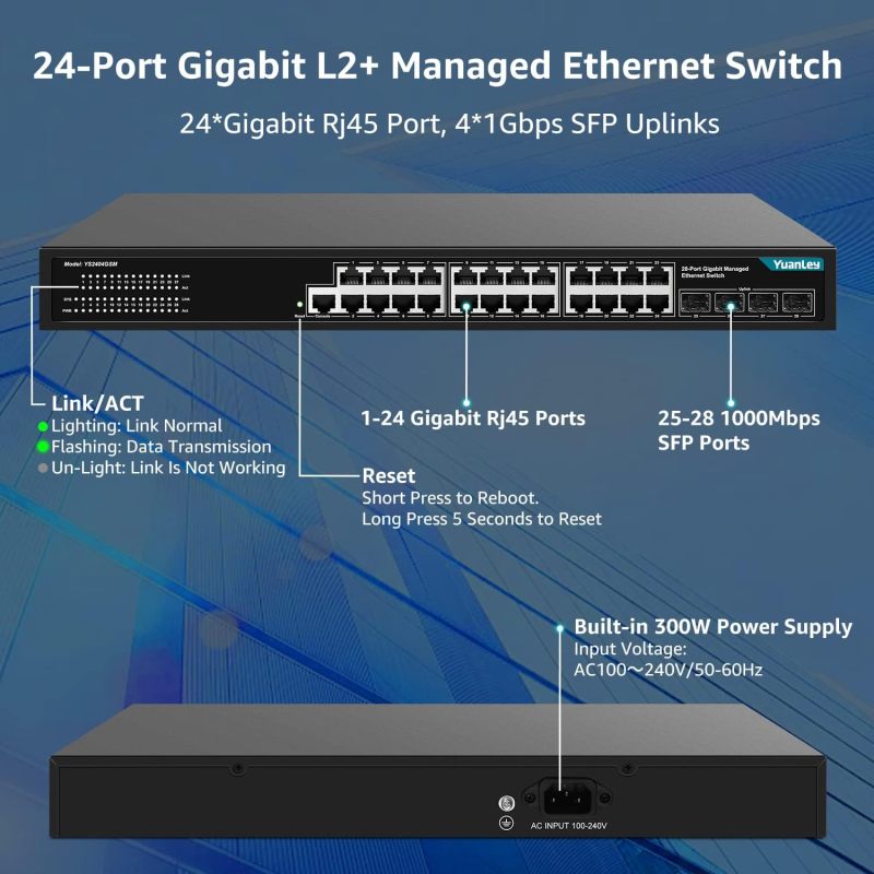 YuanLey 24 Port Gigabit Managed Ethernet Switch, 4 Gigabit SFP Uplink Ports and 1 Console Port, L2+ Smart Managed Switch, QoS VLAN IGMP, Fanless, Rackmount Network Switch