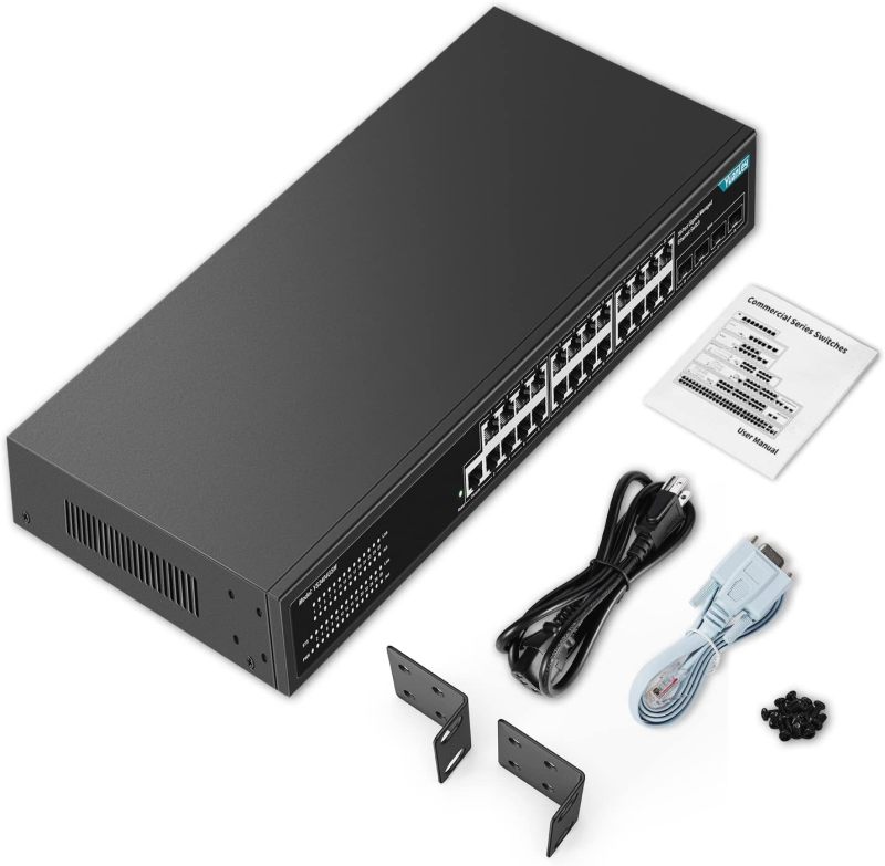 YuanLey 24 Port Gigabit Managed Ethernet Switch, 4 Gigabit SFP Uplink Ports and 1 Console Port, L2+ Smart Managed Switch, QoS VLAN IGMP, Fanless, Rackmount Network Switch