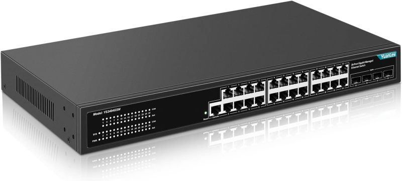 YuanLey 24 Port Gigabit Managed Ethernet Switch, 4 Gigabit SFP Uplink Ports and 1 Console Port, L2+ Smart Managed Switch, QoS VLAN IGMP, Fanless, Rackmount Network Switch