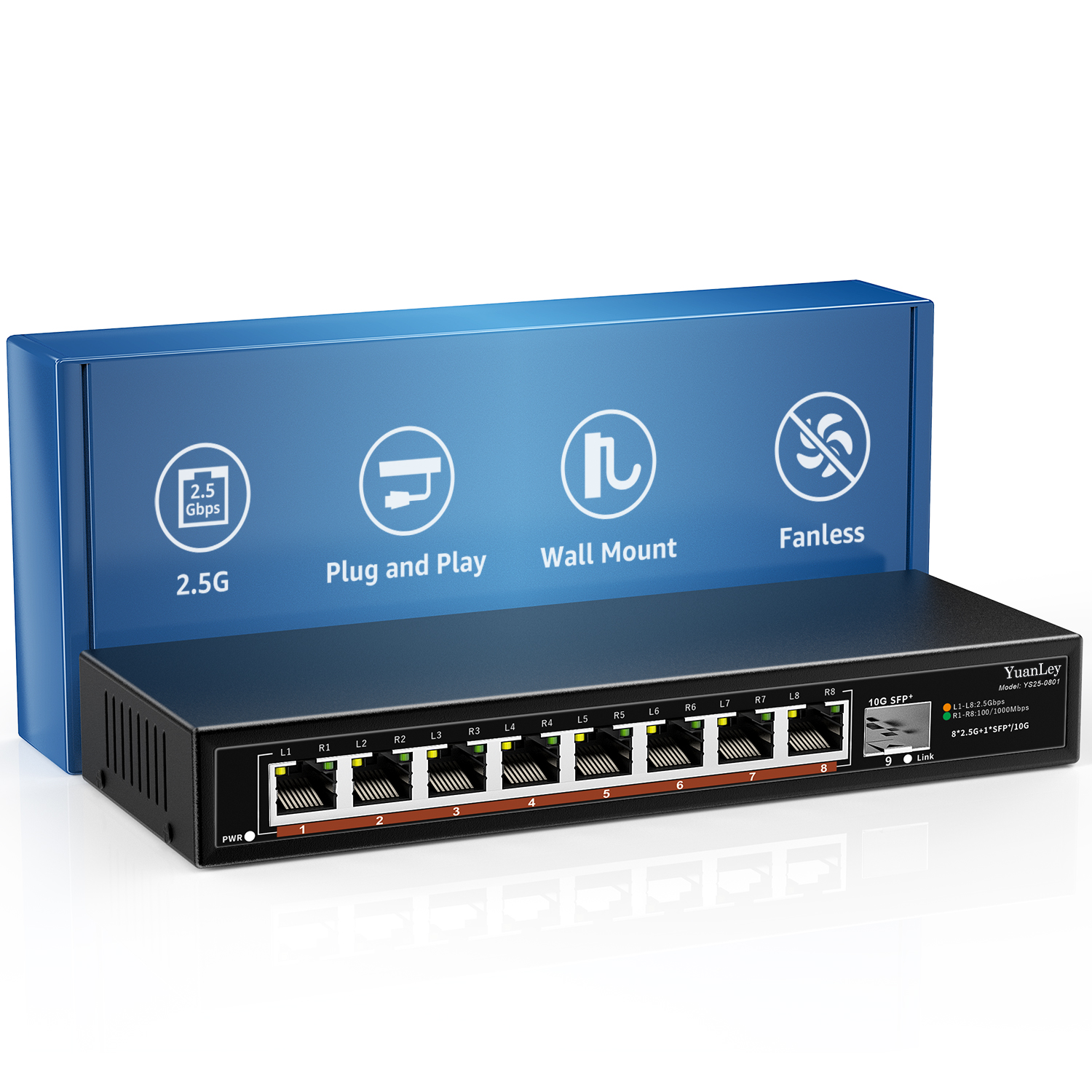 YuanLey 8 Port Gigabit PoE Switch with 2 Gigabit Uplink, 8 PoE+ Port  1000Mbps, 1 SFP Port, 120W 802.3af/at, Metal, Qos, Unmanaged Plug and Play  AI