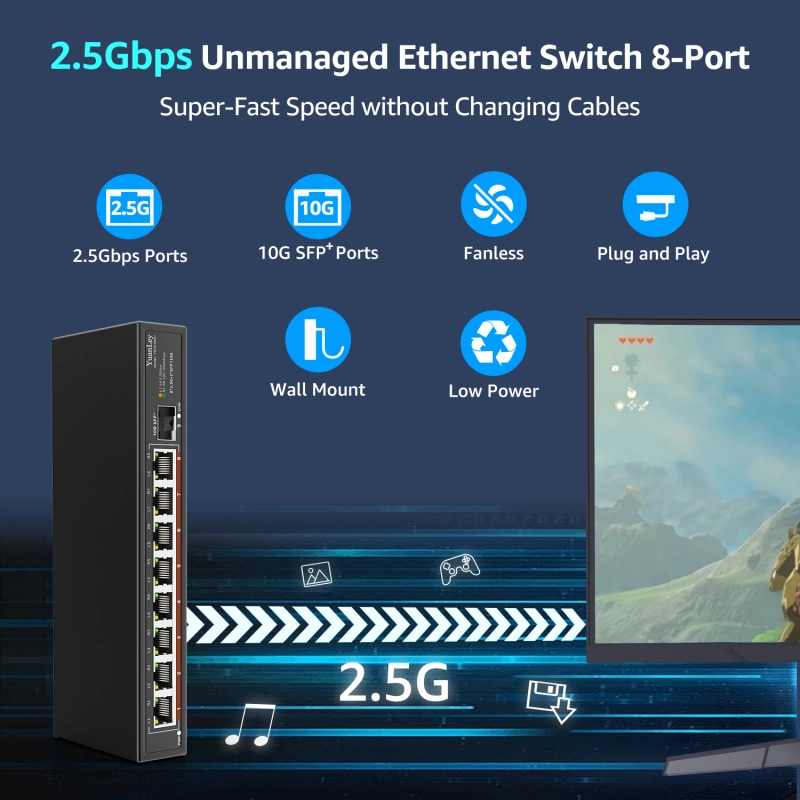 2.5G Unmanaged Ethernet Switch with 8 x 2.5G Base-T Ports and 1 x 10G SFP  Uplink Port, Compatible with 100/1000/2500Mbps, Fanlesss Design, Plug 