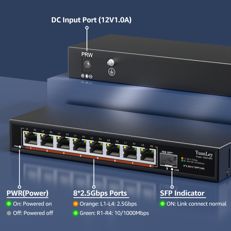 8 Port 2.5G Unmanaged Desktop Ethernet Switch with 10G SFP, 8 x 2.5G Base-T Ports, 60Gbps Switching Capacity, Compatible with 100/1000/2500Mbps, Metal Fanless, YuanLey 2.5Gbe Network Switch Wall Mount