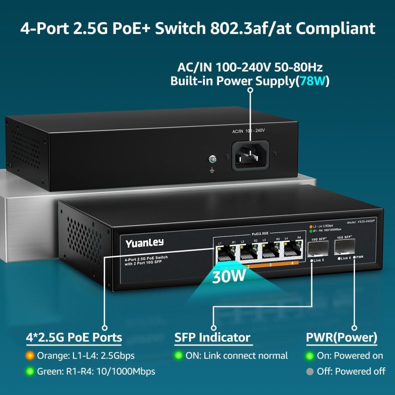 YuanLey 6 Port 2.5G PoE Switch Unmanaged, 4 x 2.5G Base-T PoE Ports, 2 x 10G SFP, IEEE802.3af/at, 78W, Compatible with 100/1000/2500Mbps, Metal Fanless, Desktop/Wall Mount 2.5Gbe Network Switch