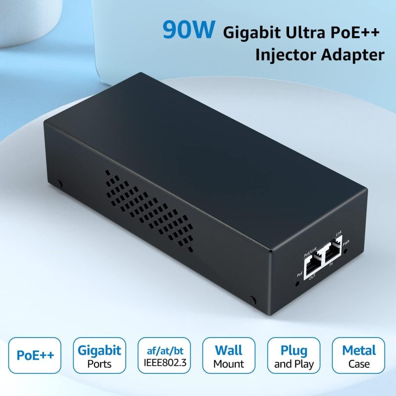 YuanLey Gigabit PoE Injector 90W, PoE++ Injector Converts Non-PoE to PoE++, IEEE 802.3bt/at/af, 10/100/1000Mbps Ultra PoE Adapter Plug &amp; Play, Up to 325 Feet, Metal Case Desktop/Wall-Mount