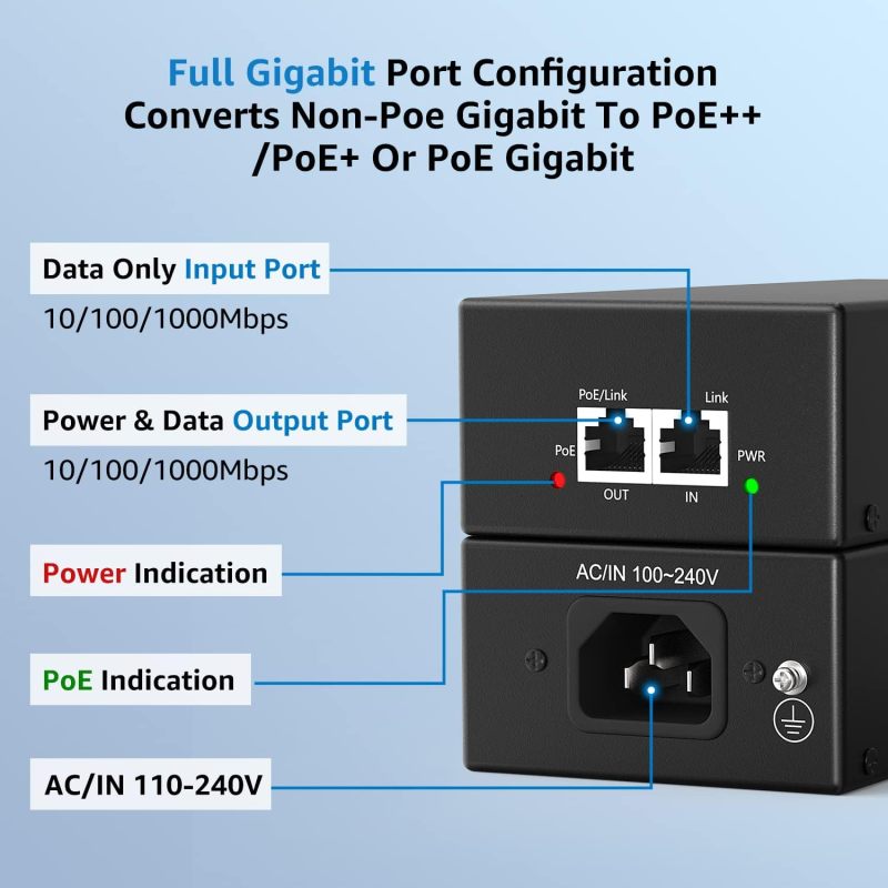 YuanLey Gigabit PoE Injector 90W, PoE++ Injector Converts Non-PoE to PoE++, IEEE 802.3bt/at/af, 10/100/1000Mbps Ultra PoE Adapter Plug &amp; Play, Up to 325 Feet, Metal Case Desktop/Wall-Mount